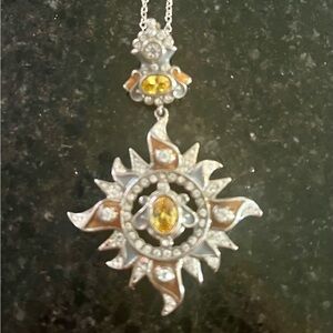 Stainless Steel Sunburst Pendant Necklace w/Yellow Accent & Clear Crystal stones